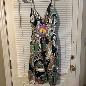 Sleeveless Satin Maxi Dress with Swirl Print by SHE'COOL